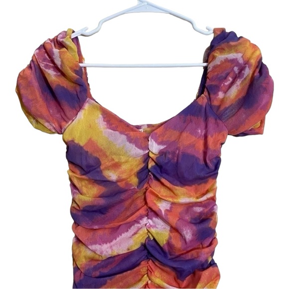 Urban Outfitters UO Tie Dye Rouched Mini Dress Puff Sleeves New Size S - Picture 5 of 15